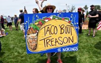 A sign being held at the ‘No Kings’ protest in Tom Hanafan River’s Edge Park on June 14, 2025 in Council Bluffs, Iowa.
(Carla Chance / The Daily Record)