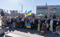 Supporters of Ukraine and the Ukrainian people gather outside the Nebraska State Capitol every Saturday to honor Ukraine in its continued resistance to Russian invasion, including on Feb. 28, 2026, marking the four-year mark of the war. 
(Zach Wendling / Nebraska Examiner)