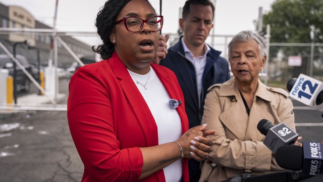 Congresswoman Rep. LaMonica McIver, D-N.J., speaks to the press after Newark mayor Ras Baraka was arrested while protesting at Delancey Hall ICE detention prison, Friday, May 9, 2025, in Newark, N.J.
(Angelina Katsanis / AP Photo)
