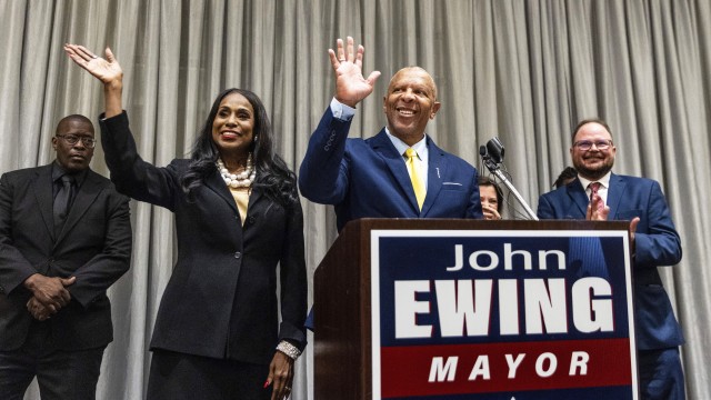 John Ewing gives his victory speech after winning the election for Omaha mayor at the downtown Hilton in Omaha, Neb., Tuesday, May 13, 2025. 
(Chris Machian / Omaha World-Herald via AP)