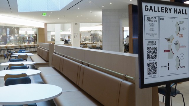 This image taken from video shows the Gallery Hall food area in Ford Motor Co.'s new headquarters building, Monday, Nov. 10, 2025, in Dearborn, Mich. 
(Mike Householder / AP Photo)