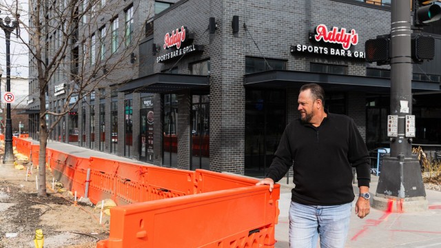 Addy’s Sports Bar and Grill owner Tim Addison stands next to the construction work that has disrupted business at his location in Omaha’s Capitol District.
(Naomi Delkamiller / Flatwater Free Press)