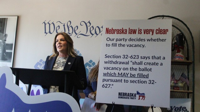 Nebraska Democratic Party Chair Jane Kleeb speaks during a press conference in Lincoln on July 29, 2026.
(Photo by Juan Salinas II / Nebraska Examiner)