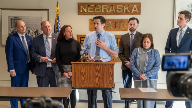 Tim Royers, president of the Nebraska State Education Association (center) talks about 2025 priorities for the teachers union, Jan. 28, 2025. 
(Zach Wendling / Nebraska Examiner)