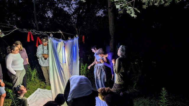 A hanging bedsheet lit with different spectrums of light, attracting many-hudnreds of species of bugs, waiting to be counted and catolouged by the volunteer team at Fontenelle Forest’s Insect Survey: Night Trapping event on July 11, 2026 in Bellevue, Nebraska.
(Courtesy of Michelle Foss)
