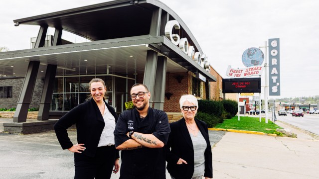 Manager Ashley Blodgett, chef Josh Saligheh and his mother and manager Cathy Saligheh pictured in front of Gorat’s Steakhouse, near 49th and Center streets. 
(Joshua Foo / Flatwater Free Press)
