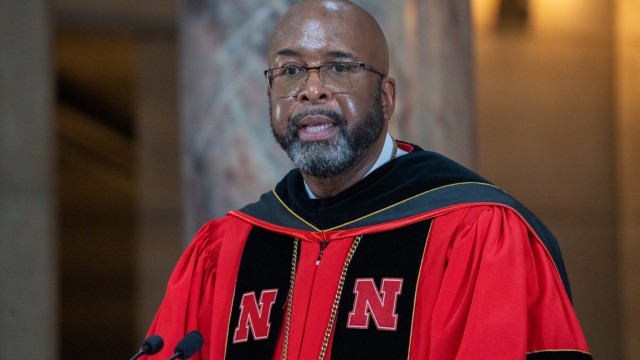 University of Nebraska-Lincoln Chancellor Rodney Bennett speaks at University of Nebraska President Jeffrey Gold’s investiture ceremony, Sept. 5, 2024. 
(Zach Wendling / Nebraska Examiner)