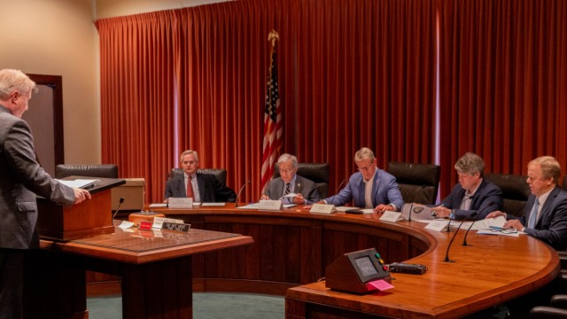 The Nebraska Board of State Canvassers meet Monday, June 10, 2024, in Lincoln to certify the state’s 2024 primary election results. From left, seated: State Auditor Mike Foley, Secretary of State Bob Evnen, Gov. Jim Pillen, Attorney General Mike Hilgers and then-State Treasurer Tom Briese.
(Zach Wendling / Nebraska Examiner)