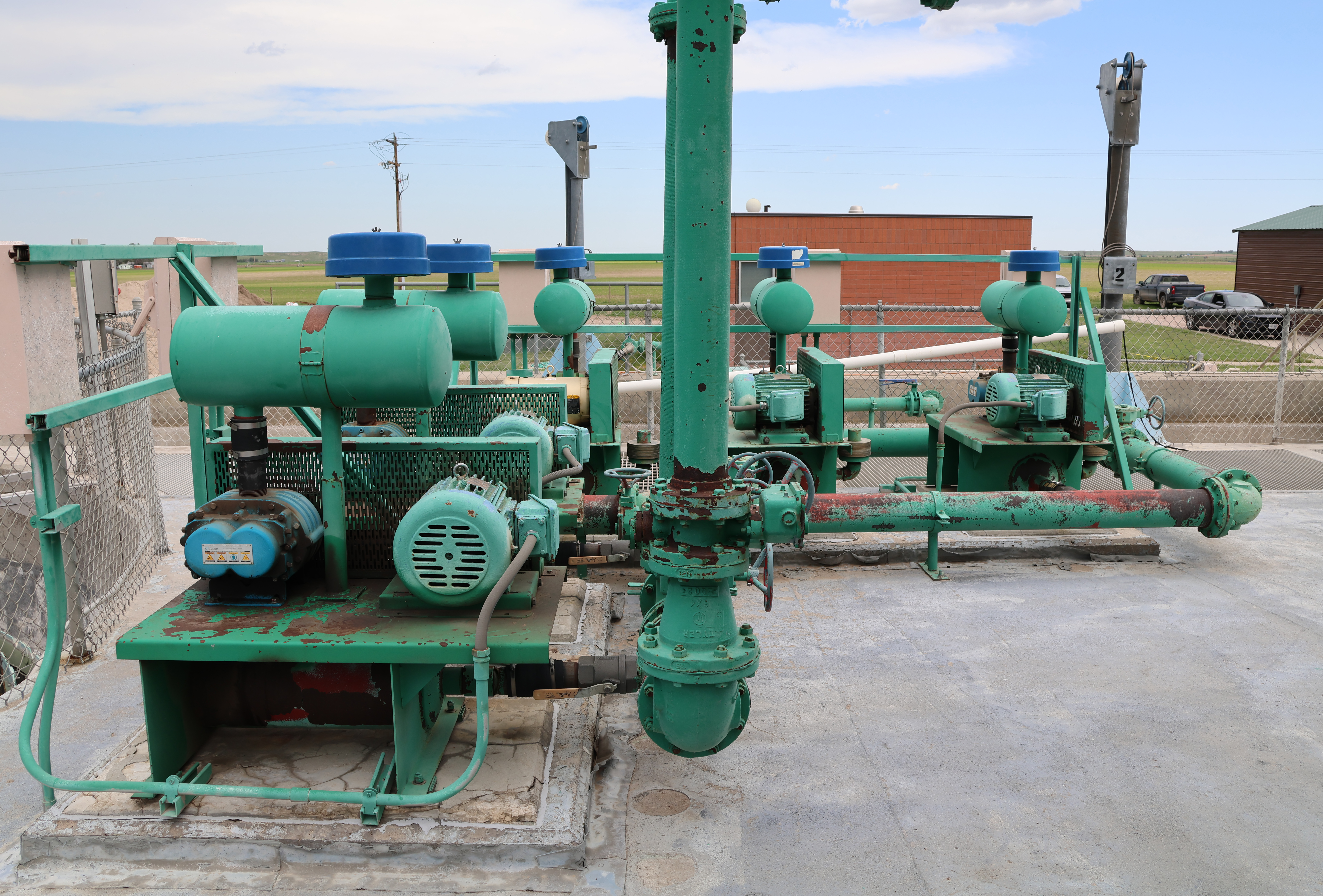 Blowers for the aeration system at the Kimball Municipal Wastewater Treatment plant in Kimball, Nebraska, are among several pieces of equipment which will be replaced during a large project at the site.<br />(Irene North / Flatwater Free Press)
